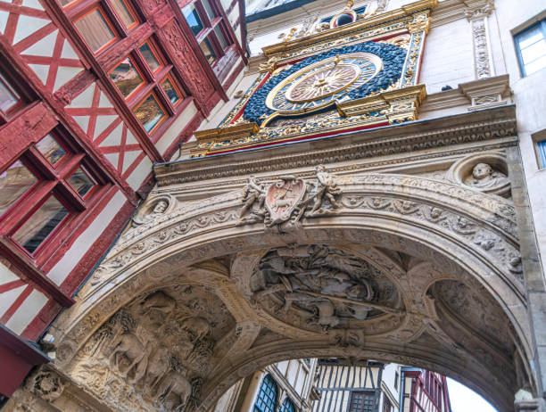Gros Horloge of Rouen, Normandy old cozy street in Rouen with famous Great clocks or Gros Horloge of Rouen, Normandy rue du gros horloge photos stock pictures, royalty-free photos & images