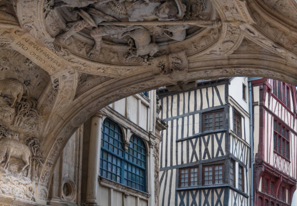 Gros Horloge of Rouen, Normandy old cozy street in Rouen with famous Great clocks or Gros Horloge of Rouen, Normandy rue du gros horloge photos stock pictures, royalty-free photos & images