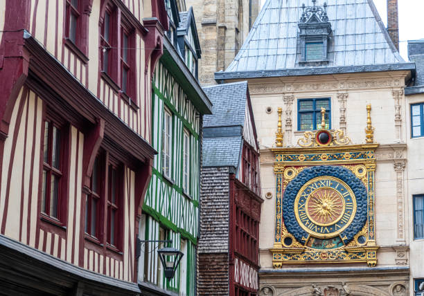 Gros Horloge of Rouen, Normandy old cozy street in Rouen with famous Great clocks or Gros Horloge of Rouen, Normandy rue du gros horloge photos stock pictures, royalty-free photos & images