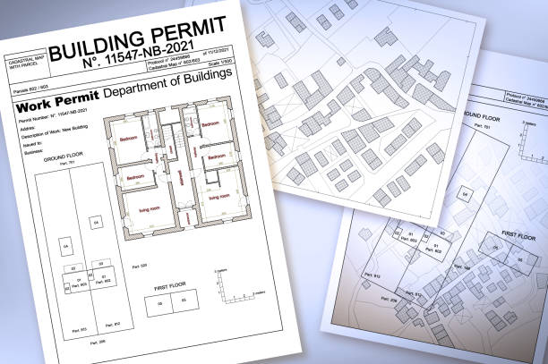 istock Buildings Permit concept with imaginary General Urban Plan and indications of urban destinations and zoning planning 1440235368