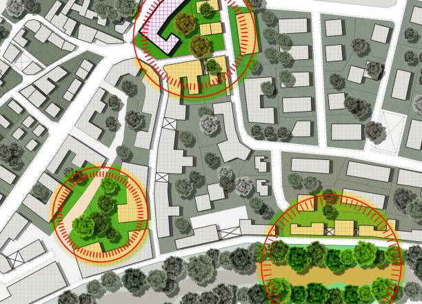 istock Census of singol, group or row trees in cities -  green management and tree mapping concept with imaginary city map with highlighted trees 1440235694