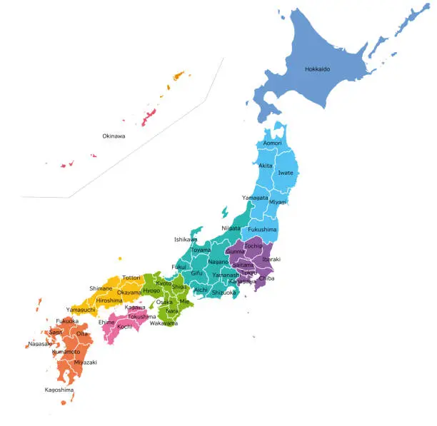 Vector illustration of Map of Japan color coded by region, prefecture names in English