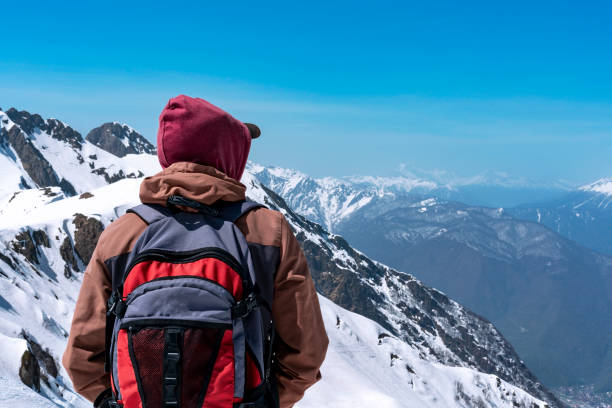 バックパックを持つ若い男性のハイカーの背面図は、青い空に冬の雪に覆われた山頂の景色を見て、自然を楽しむコピースペース - armenian ethnicity ストックフォトと画像