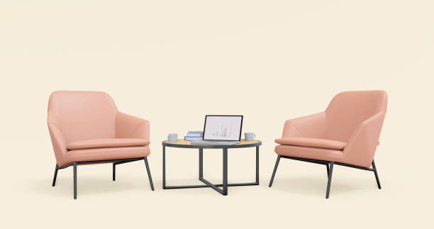 istock Concept work office minimalist 3D illustration of cartoon empty office workplace. Cozy interior with retro armchair, modern coffee table, mug, stack of books and plant. 3d rendering orange background 1440238780