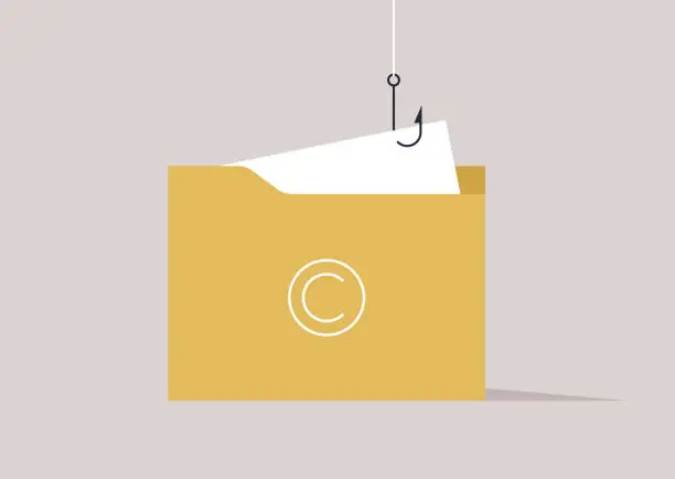 Vector illustration of Intellectual property fraud, A hook pulling a sheet of paper from a folder with a big copyright sign