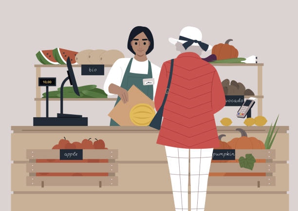 A young female Caucasian cashier at the farmers market serving a Senior lady, fruits and vegetables in wooden crates A young female Caucasian cashier at the farmers market serving a Senior lady, fruits and vegetables in wooden crates mature woman healthy eating stock illustrations