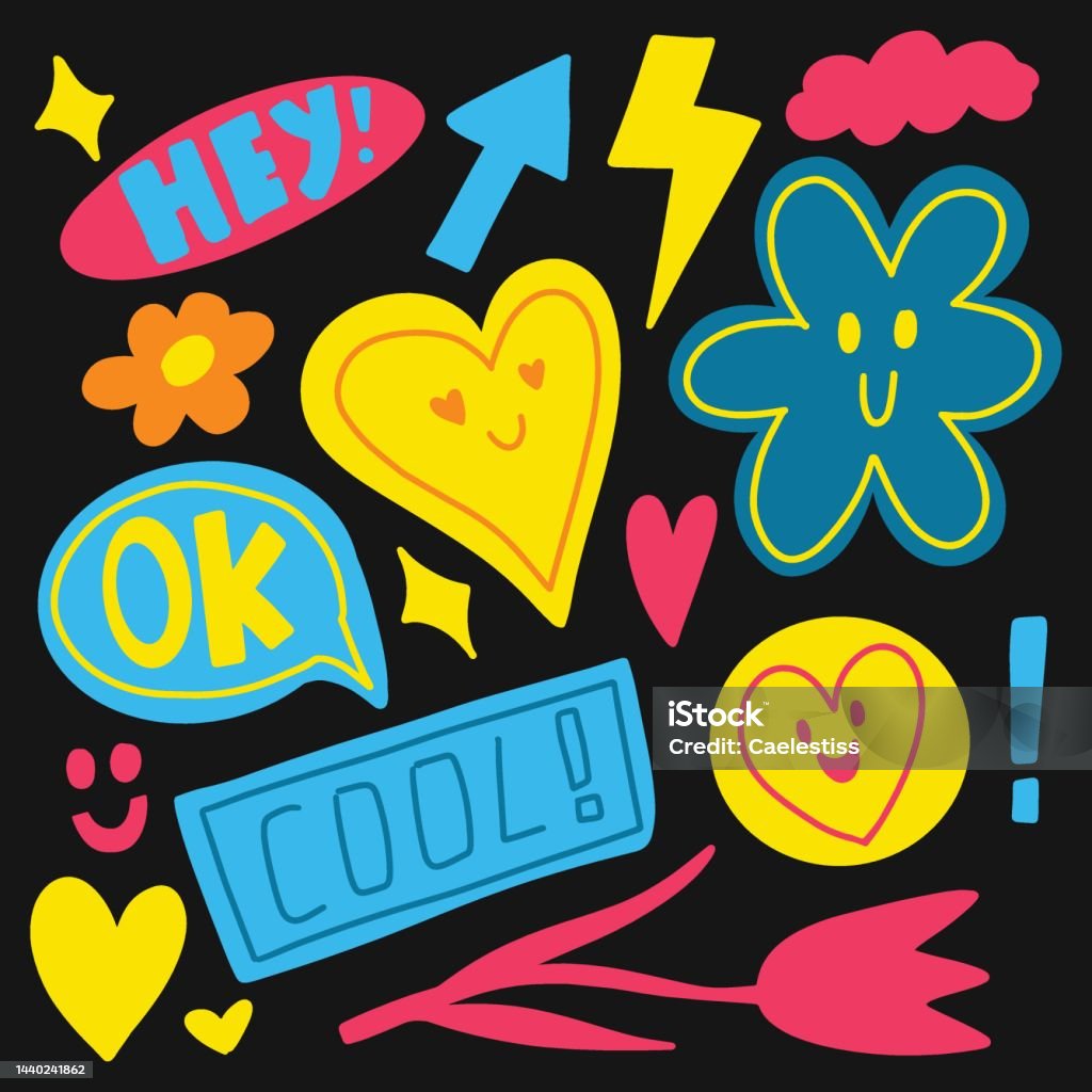 Sticker Examples Funky Cool Groovy Hand Drawn Funky Elements Set Hand Drawn Funny Stickers ...