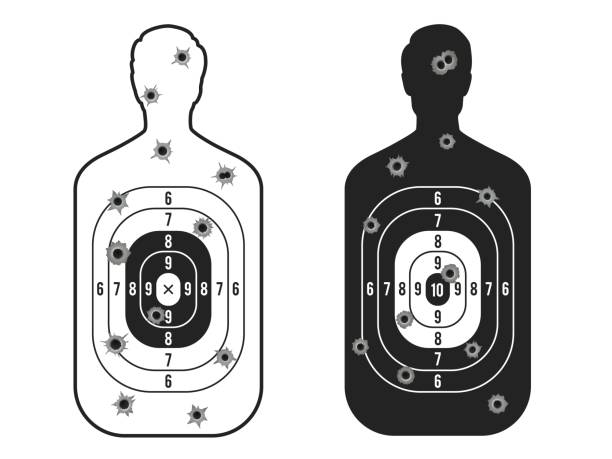 샷 타겟. 총알 원형 구멍이 있는 인간의 실루엣, 무기 연습 훈련을 위한 총격 콘센트가 있는 히트맨 모양의 군용 소품. 벡터 격리 된 그림 - bullet hole target target shooting bulls eye stock illustrations