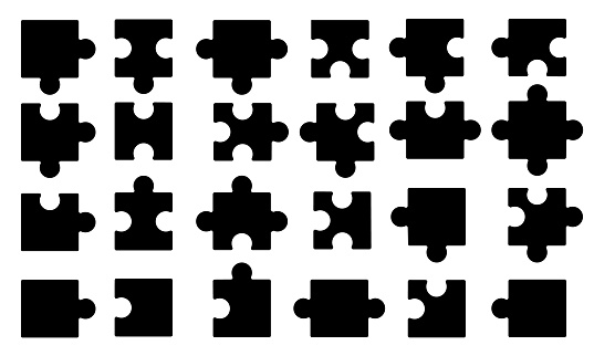 Puzzle pieces. Abstract jigsaw symbols for team game, blank variation tile parts fun concentration logic toy. Vector isolated collection. Different separate riddle elements or components