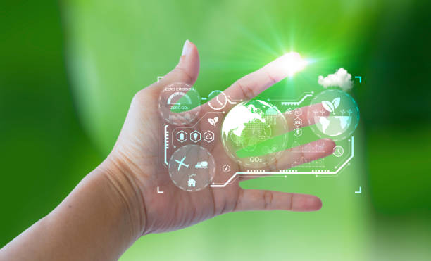 Economy, Environmental Conservation, Vitality, Accidents and Disasters, Atmosphere pantalla de mano del teléfono móvil con emisiones de co2 dióxido de carbono para limitar el calentamiento global y el cambio climático y el negocio de las energías renovables en un medio ambiente limpio y amigable con el desarrollo sostenible.