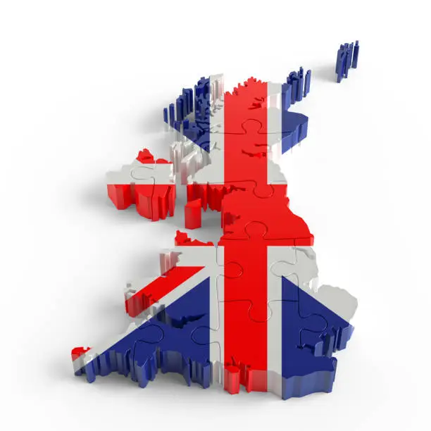 Flag Colors Puzzle United Kingdom Map Design. 3d Rendering