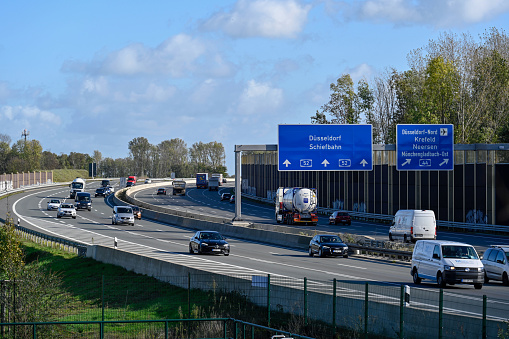 Traffic on a German highway in Frankfurt, Germany. German autobahns have no general speedlimit