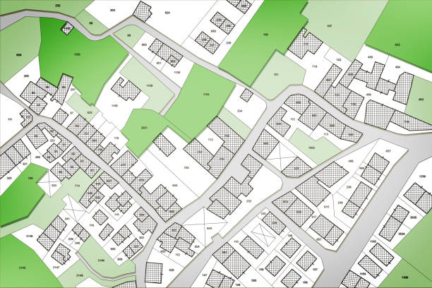 istock Imaginary cadastral map of territory with public parks and natural green land 1440246449
