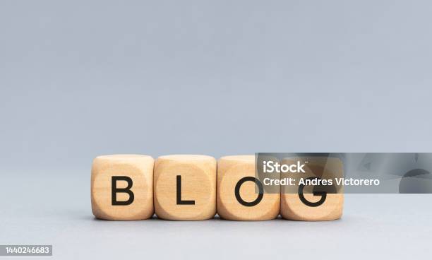 Blog Word On Wooden Cube Blocks On Gray Background Stock Photo - Download Image Now - Blogging, Single Word, Wood - Material