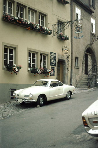 Rothenburg ob der Tauber, Germany, August 5, 1968 - Historical Picture of a brand-new VW Karmann-Ghia (Type 14) from 1968