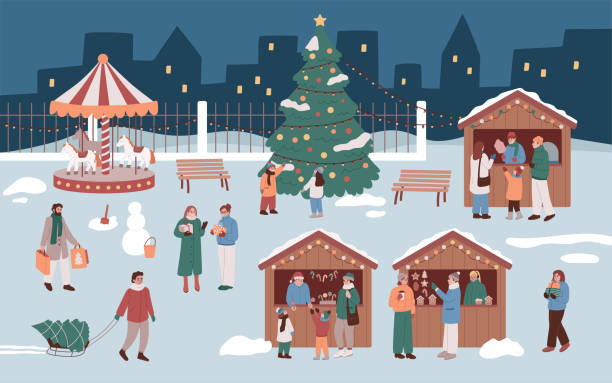 weihnachtsmarkt. weihnachtsmarkt. familie, leute, leckereien kaufen, spaß haben, einkaufen, trinken und essen. neujahrsmarkt. feiern, urlaub im freien. flache vektordarstellung. - street market illustrations stock-grafiken, -clipart, -cartoons und -symbole