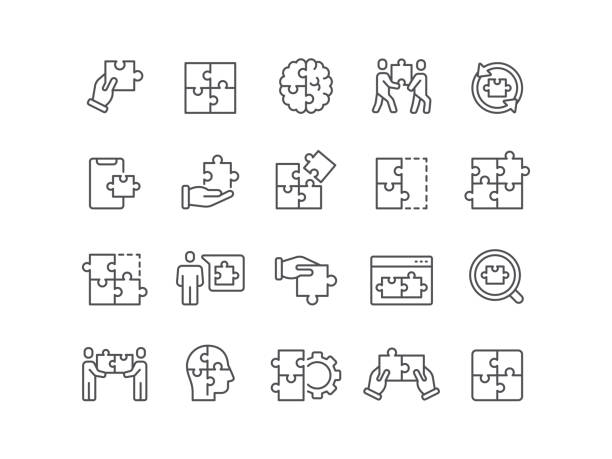 Puzzle Icons Puzzle, jigsaw piece, icon, icon set, strategy, solution, planning, brain, business, business strategy, creativity, human resources, analyzing incomplete stock illustrations