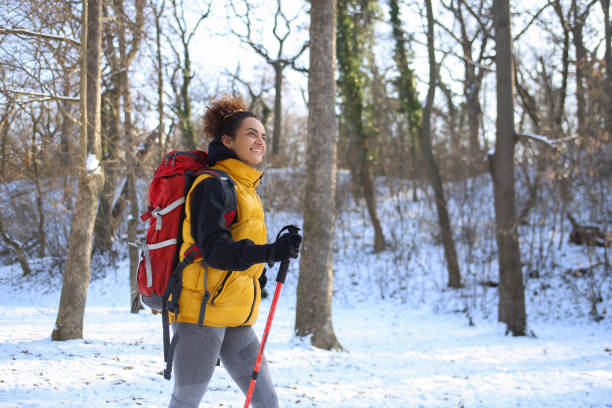 istock Young woman hiking on snow 1440249246