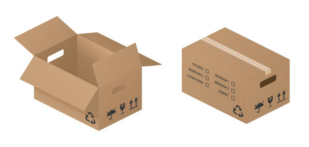 izometryczne pudełko kartonowe izolowane, realistyczne. otwarte i zamknięte brązowe pudełko kartonowe z otworem, napisy kuchnia, sypialnia, szafka, salon. - cardboard box white background paper closed stock illustrations