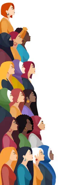 Vector illustration of Multi-ethnic Group of Women. Profile View. Vertical Banner. The Power of Women.