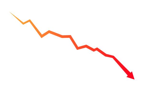 Red arrow down icon. Indication decline arrow sign. Financial decrease statistic graphic symbol. Financial losses chart Red arrow down icon. Indication decline arrow sign. Financial decrease statistic graphic symbol. Financial losses chart. Vector illustration graph up down stock illustrations