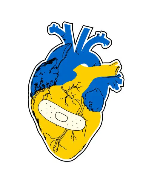 Vector illustration of Vector stickers and labels. Laptop sticker. Heart in the colors of the Ukrainian flag.