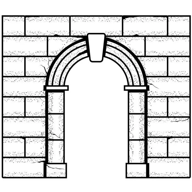 Vector illustration of Ancient roman stone arch and brick wall, medieval entrance with antique stone archway, castle fairy-tale pass, vector