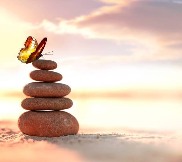 Balanced pebble pyramid and butterfly on the beach. Abstract warm sunset bokeh with sand on the background. Zen stones on the sea beach. Balanced pebble pyramid and butterfly on the beach. Abstract warm sunset bokeh with sand on the background. Zen stones on the sea beach, balance concept. still water stock pictures, royalty-free photos & images