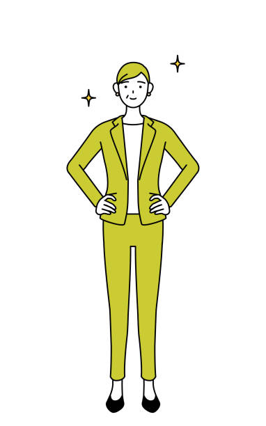 ilustraciones, imágenes clip art, dibujos animados e iconos de stock de ilustración de dibujo lineal simple de una mujer mayor en traje, gerente femenina, mujer de carrera con las manos en las caderas. - siguiente nivel expresión