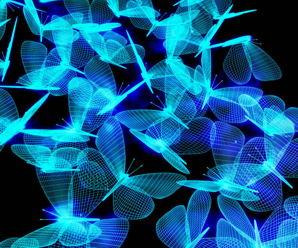 Flock of blue neon polygonal butterflies consisting of lines. Wireframe technology structure. Glowing polygonal geometric structure. For web site, poster, placard and wallpaper. 3d illustration