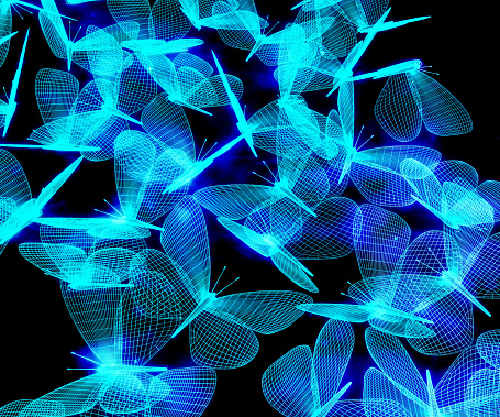 istock Flock of blue neon polygonal butterflies consisting of lines. Wireframe technology structure 1440259943