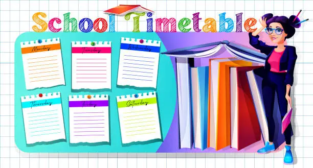 Vector illustration of Concept of daily planning, class calendar in cartoon style. Weekly class planner with young student girl on abstract color background.