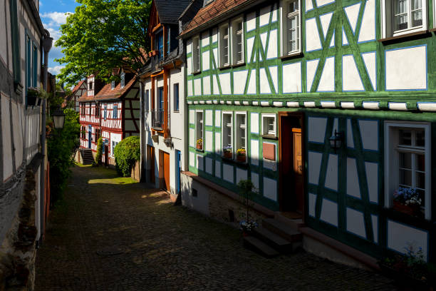 Cobblestone street in historic Idstein (typical German half-timbered town)