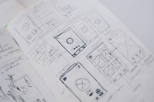 Closeup shot of UI/UX draft sheet drawings in a copybook