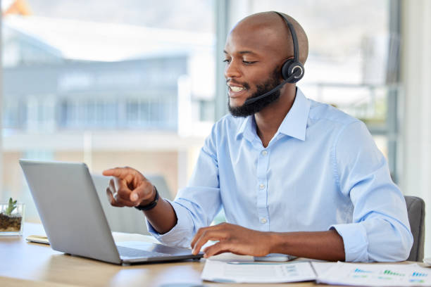istock Telemarketing customer service, support and tech help man worker on a online web consultation. Internet consultant and call center employee with headset doing digital, crm and contact us consulting 1440265221
