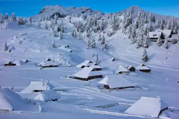 Photo of Landscape shot of shepherd cottages covered in fluffy white snow on Velika Planina in Slovenia