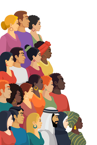 Vertical Banner. People. Multiracial, multicultural group of men and women. Side view portraits. Multi-ethnic group. Concept of equality and togetherness. Stop racism.
