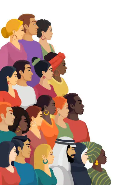 Vector illustration of Multi-ethnic Group of Men and Women. Profile View. Vertical Banner.