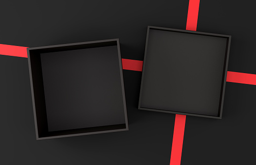 Black Empty Open Box and red ribbon. Package Concept