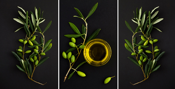 Collage. Olive oil in a glass bowl and branch with green olives on the black background. Top view.