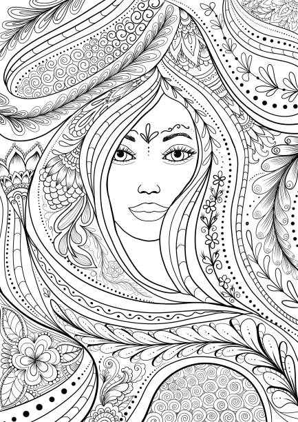 Woman portrait with ornament in abstract style outline, adult coloring book page Woman portrait with ornament in abstract style outline, adult colouring book page adult coloring pages mandala stock illustrations