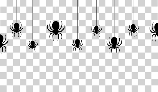 Vector realistic isolated seamless pattern with hanging spiders for decoration and covering on a transparent background. Creepy background for Halloween.