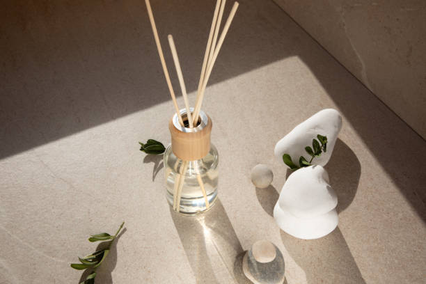 istock Aroma diffuser in a clear glass bottle with a wooden cap on a light stone background with wooden sticks behind and green branches 1440269841