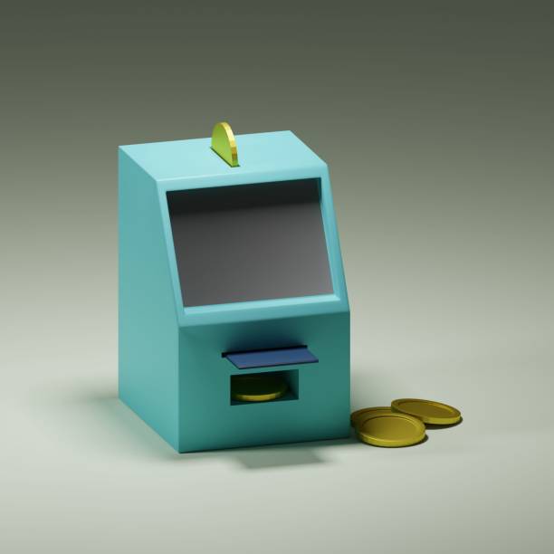 istock 3D rendering of ATM machine toy with gold coins - perfect for design project 1440273424