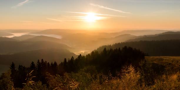 독일의 블랙 포레스트 산맥 위로 빛나는 주황색 일몰 하늘의 밝은 태양 - black forest landscape germany forest 뉴스 사진 이미지