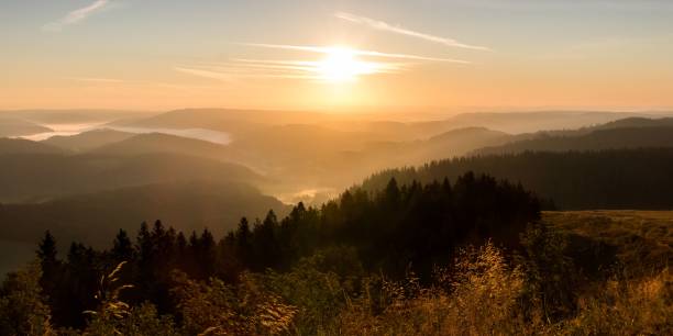 bright sun in orange sunset sky shining above black forest mountain range in germany - black forest imagens e fotografias de stock