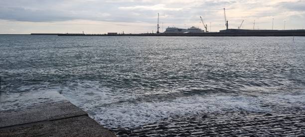 istock Panoramic view of waves crashing onto a beach with a ship on the horizon 1440274076