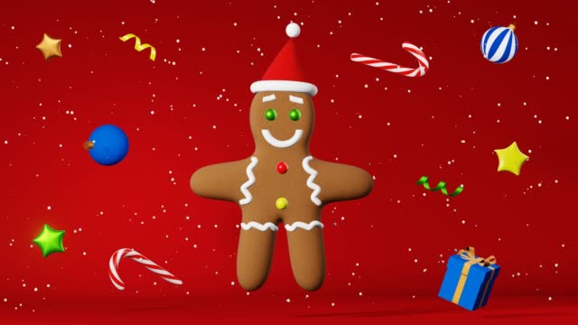 Christmas cookie Gingerbread man in Santa hat snow 3d animation red background. Xmas party advertisement. New Year greeting card Festive winter holiday website screensaver candy cane decorations 4K