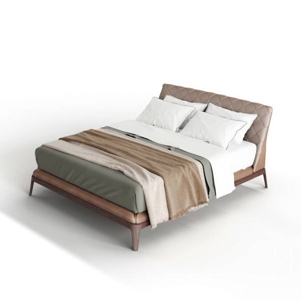 istock Photorealistic 3D rendering of a cozy bed with brown blankets and white pillows under studio lights 1440274252