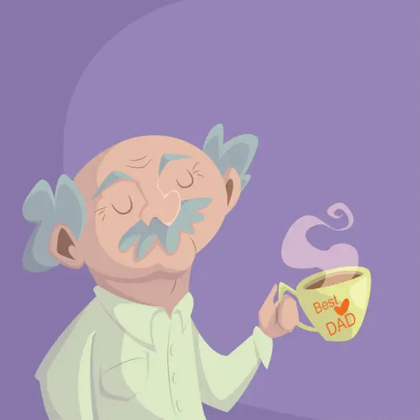 Vector illustration of illustration of an elderly grandfather with a big mustache and gray hair with a large cup of hot drink in his hand